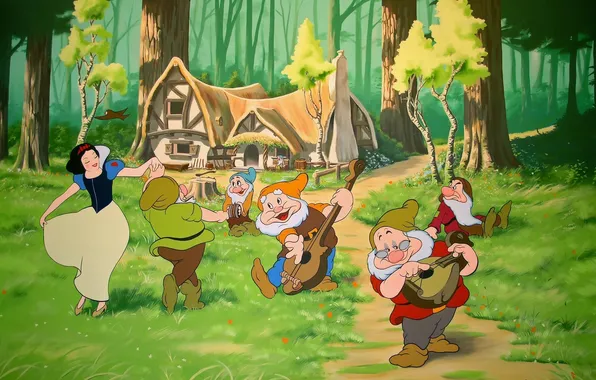 Picture cartoon, snow white and the seven dwarfs, a house full of dwarves