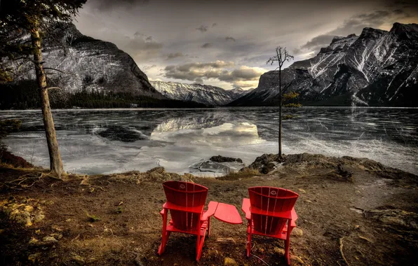 Picture mountains, lake, the evening, chairs