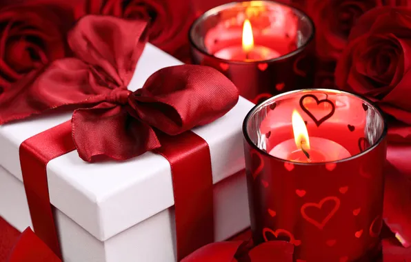 Gift, roses, candles, tape, red, bow, Valentine`s day, gift