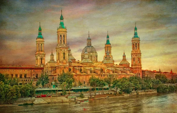 The sky, Spain, canvas, Zaragoza, Basílica de Nuestra Señora del Pilar, the river Ebro