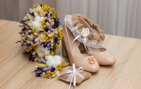 Bouquet, ring, shoes, wedding, garter