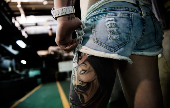 Girl, shorts, jeans, tattoo, legs