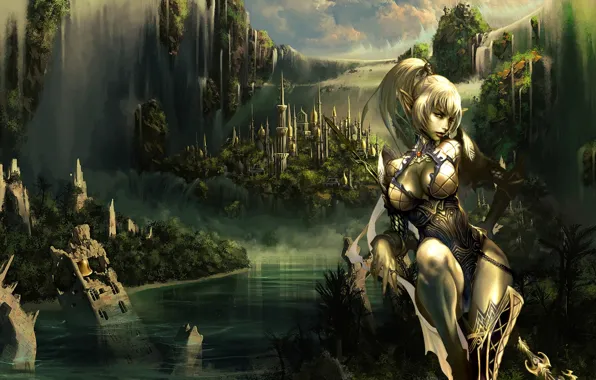 Picture girl, mountains, the city, waterfall, warrior, elf