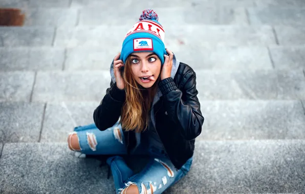 Girl, hat, photo, blue eyes, model, jeans, blonde, portrait