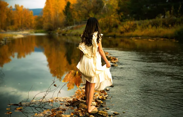Girl, river, stones, dress, Lichon