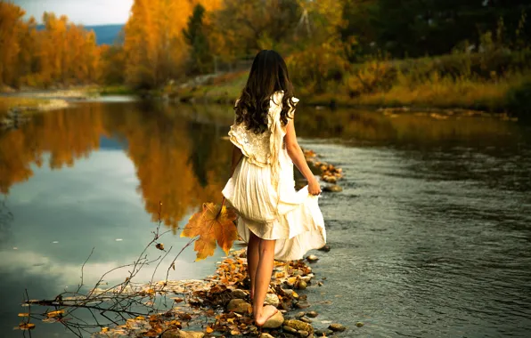 Picture girl, river, stones, dress, Lichon