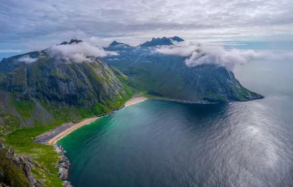 Sea, clouds, mountains, rocks, coast, panorama, the view from the top, Norway