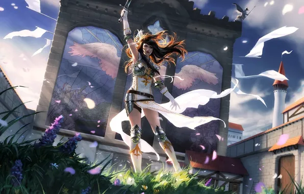 Picture girl, flowers, castle, the wind, the building, wings, sword, Magic The Gathering