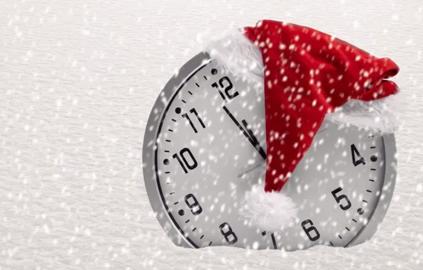 Picture snow, time, background, holiday, Wallpaper, hat, watch, new year
