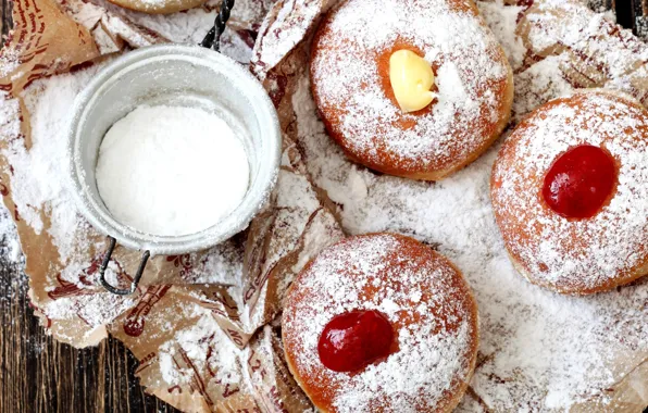 Donuts, jam, powdered sugar