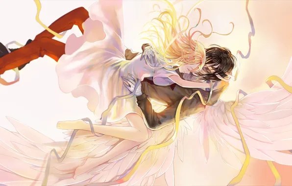 Girl, wings, angel, dress, guy, bandages, Angel bloodshed, Satsuriku no Tenshi