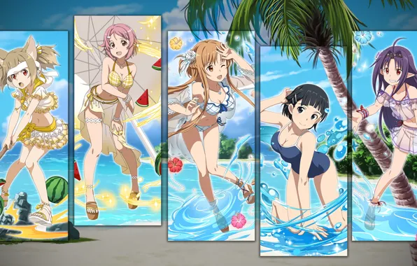 Picture beach, summer, girl, collage, characters, sword art online