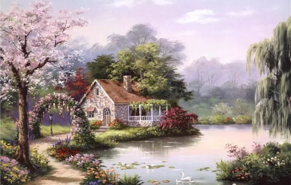 House, river, picture, painting, swans, painting, Sung Kim