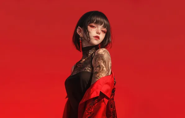 Girl, Anime, Tattoo, Red background, Anime Girl, AI Generated, Anime Girl with Tattoo