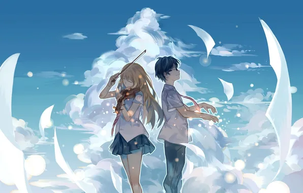 Picture the sky, girl, clouds, violin, anime, art, glasses, guy