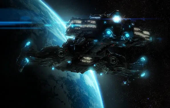 Stars, planet, starcraft2, battlecruiser