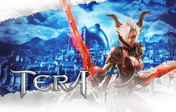 Picture girl, abstraction, the city, sword, horns, ears, online, tera