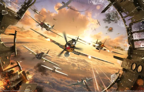 Clouds, fragments, aircraft, battle, shots, in the sky, World of Warplanes