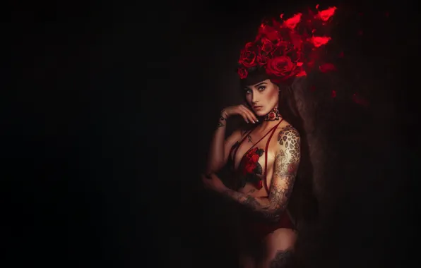 Flowers, Girl, Style, Roses, Tattoo, Fantasy, Tattoo, Tattoo