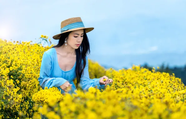 Picture girl, flowers, nature, Asian