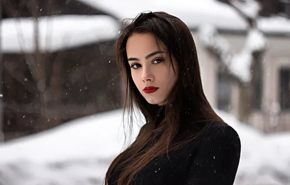 Winter, chest, look, snow, Girl, lipstick, shoulders, Ivan Shcheglov