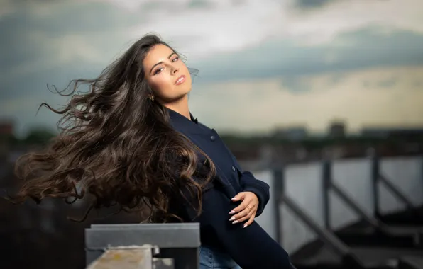Look, landscape, pose, model, portrait, jeans, makeup, brunette