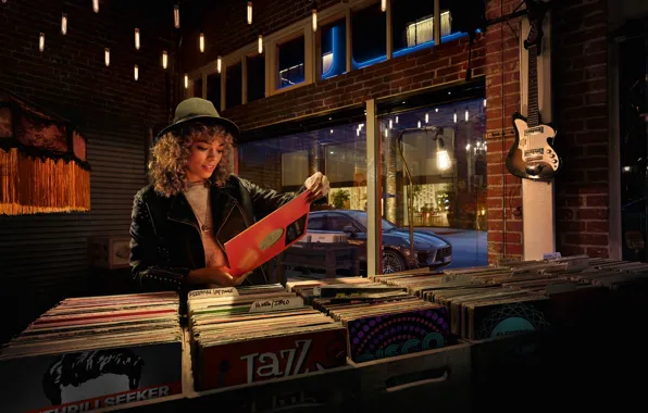 Girl, guitar, car, shop, records