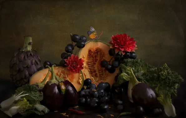 Flowers, table, butterfly, grapes, eggplant, fruit, still life, vegetables