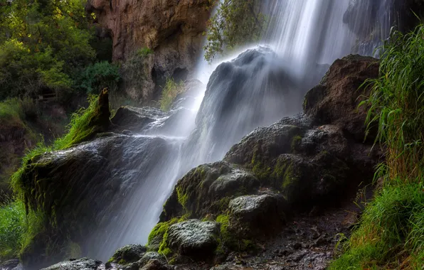 Greens, rock, stones, waterfall, moss, USA, Colorado, Rifle Falls State Park