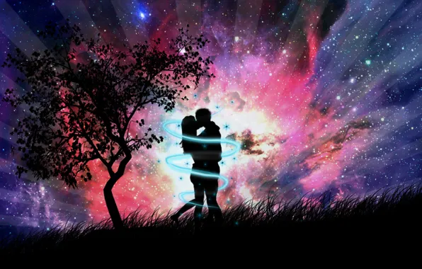 Picture grass, abstraction, tree, romance, figure, kiss, the evening, pair