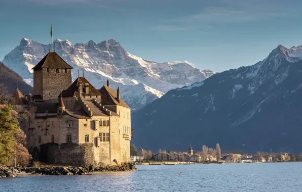 Picture Lake Geneva, Chillon castle, Swiss Riviera
