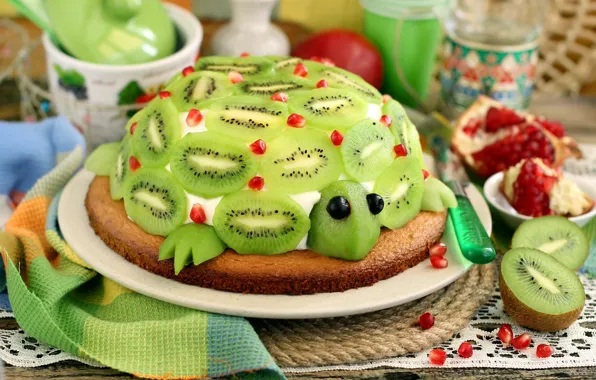 Turtle, kiwi, cake, garnet