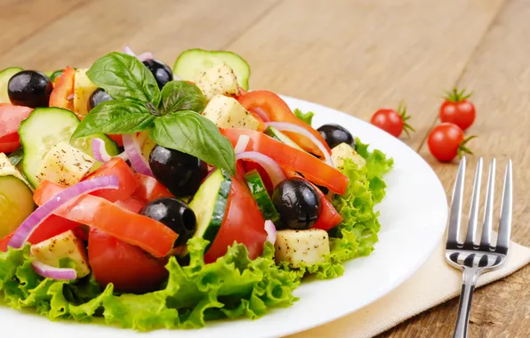 Leaves, cheese, bow, plate, plug, tomatoes, cucumbers, salad