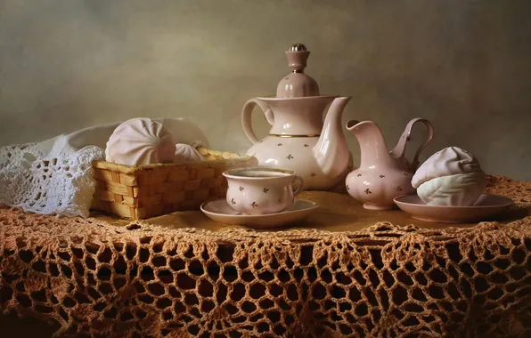 Tea, dishes, tablecloth, set, marshmallows