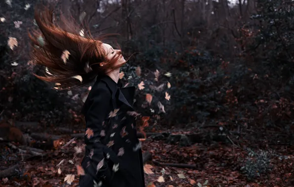 Picture autumn, leaves, girl, hair, girl, forest, autumn, leafs