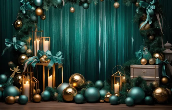 Balls, branches, balls, scene, candles, green, Christmas, arch
