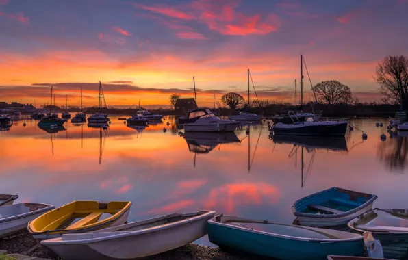 The sky, clouds, trees, sunset, river, shore, England, boats