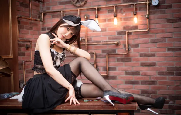 Look, pose, wall, model, skirt, portrait, stockings, makeup