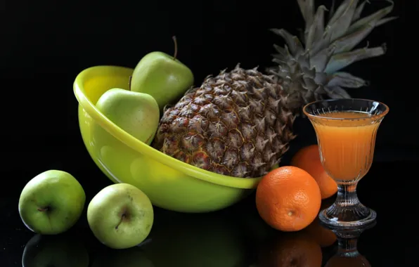 Apple, orange, juice, pineapple, still life