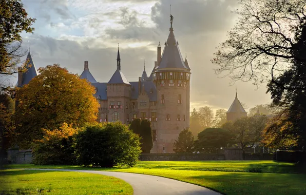 The sky, grass, clouds, light, trees, landscape, nature, castle