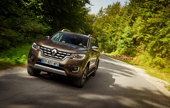 Road, forest, trees, Renault, brown, pickup, 4x4, 2017