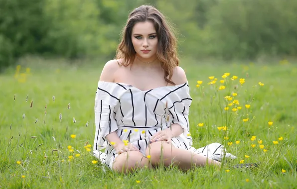 Grass, look, girl, model, hair, dress, meadow, shoulders
