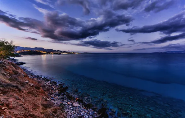 Clouds, sunset, the city, lights, coast, island, the evening, Greece