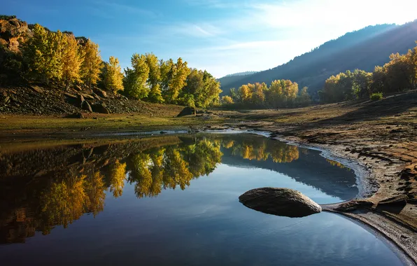 Autumn, the sky, clouds, trees, mountains, lake