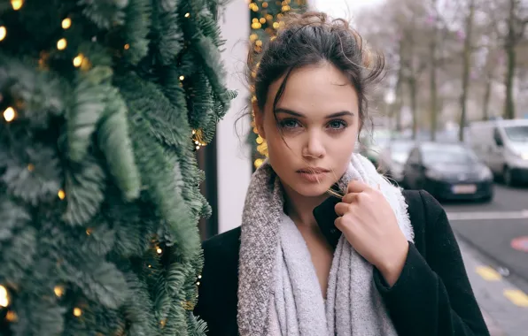 Picture coat, tree, brown hair, Anais Perdieu, street, girl, scarf, light bulb