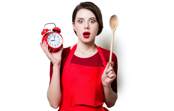 Look, girl, pose, watch, surprise, hands, makeup, alarm clock