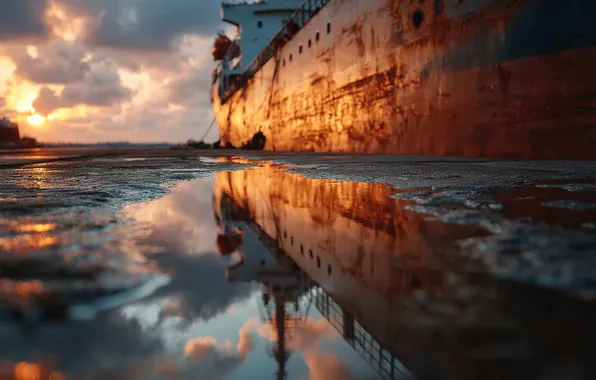 The sky, clouds, light, reflection, ship, morning, rust, the ship