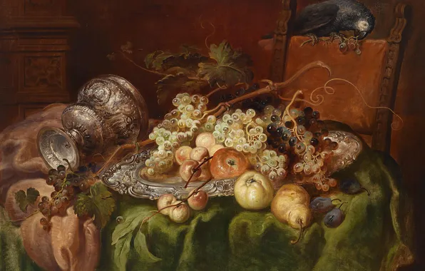Glass, picture, bowl, parrot, grapes, fruit, still life, painting