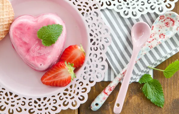Picture strawberry, spoon, ice cream, mint