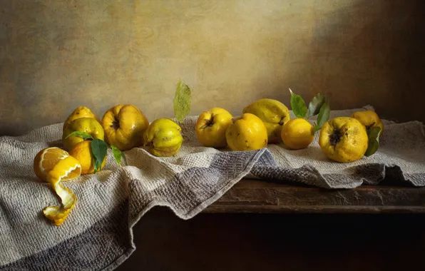 Board, towel, still life, lemons, quince